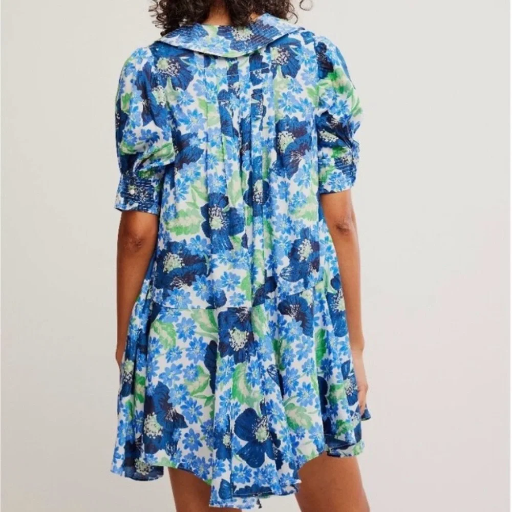 Free People NWT Moon Chaser Mini Dress Floral Print Short Puff Sleeves Blue